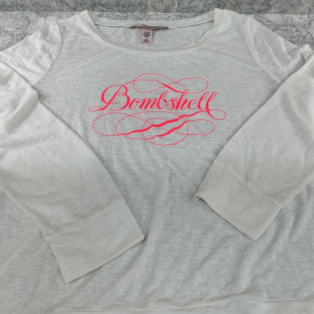 Victoria's Secret Shirt Bombshell Large White Neon Pink Graphic Long Sleeve Tee